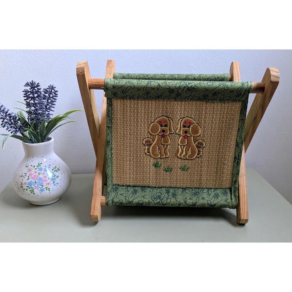 Vintage Wooden Magazine Rack | Folding Puppy Magazine Holder | Dog Embroidery